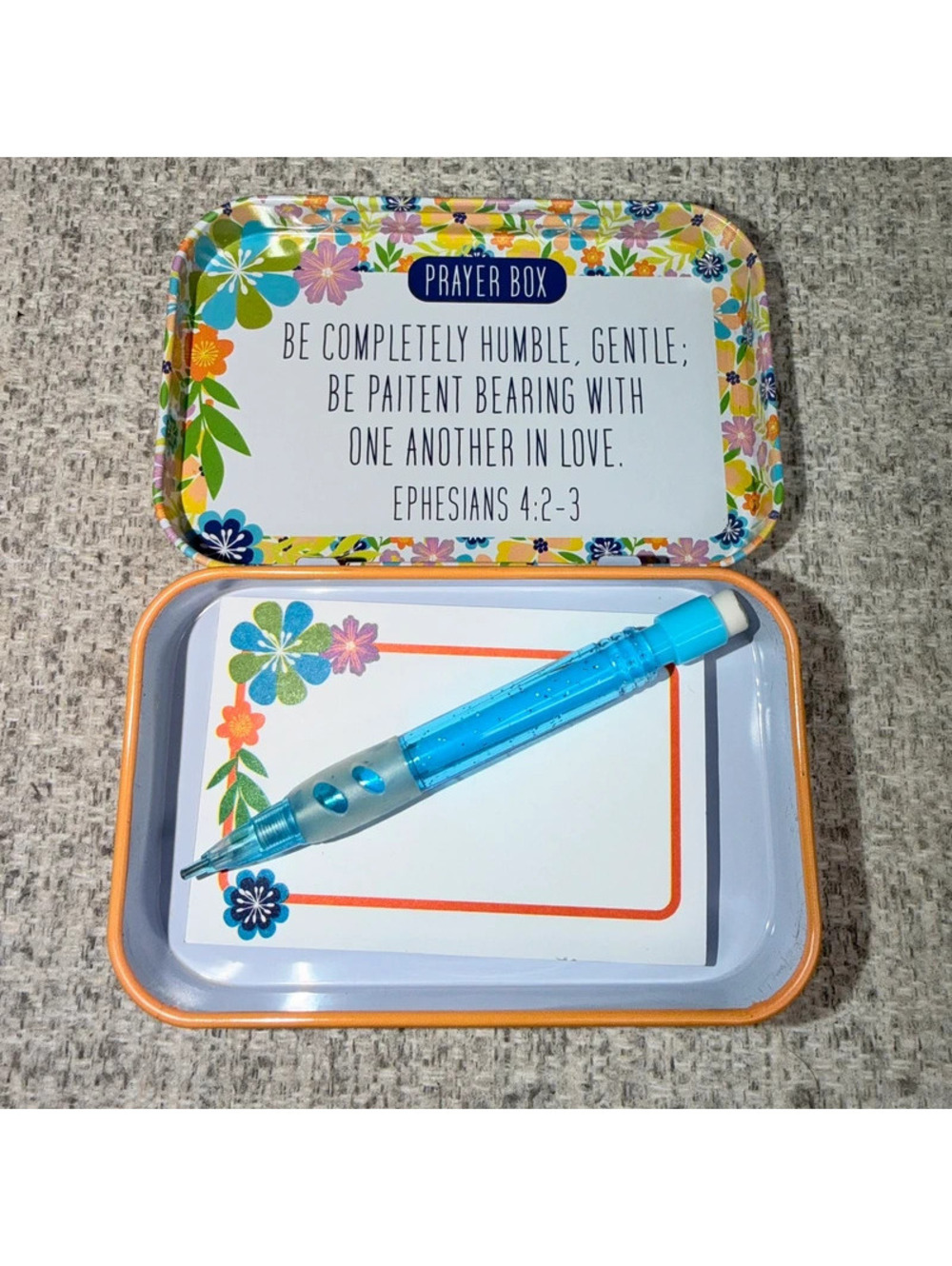 Floral Prayer Box Ephesians 4:2-3 Scripture Note Cards Pencil Christian Gift